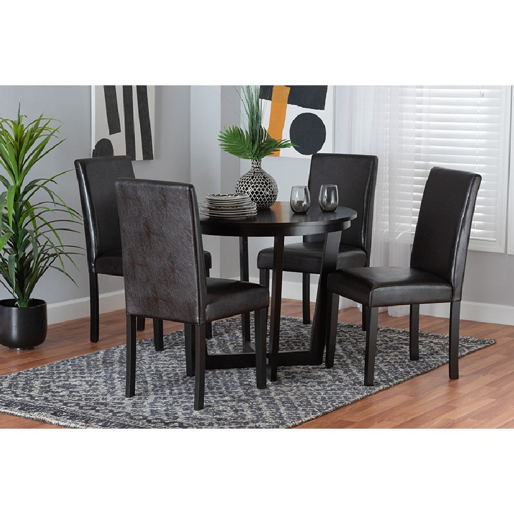 Baxton Studio Bruna Modern Dark Brown Faux Leather and Espresso Brown Finished Wood 5-Piece Dining Set WHI-Bruna-Dark-Brown-5PC-Dining-Set