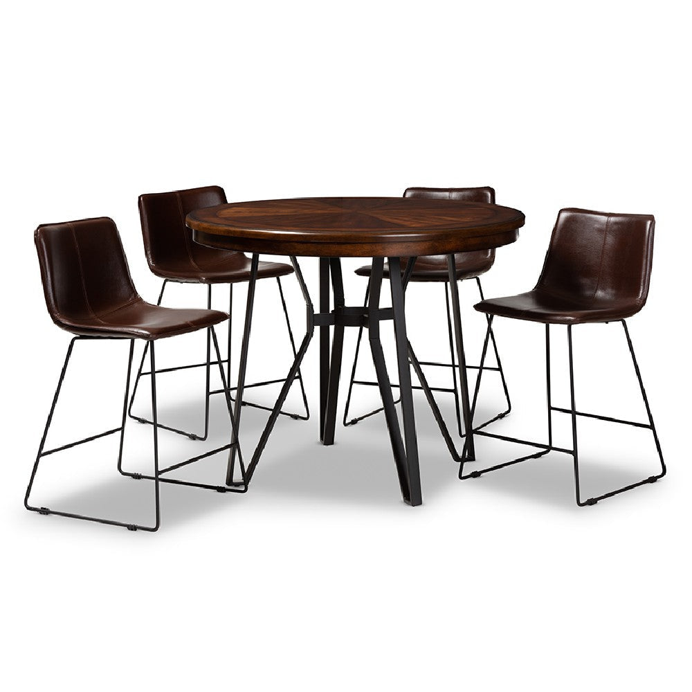 Baxton Studio Carvell Rustic and Industrial Dark Brown Faux Leather Upholstered 5-Piece Pub Set WHI-C1860A-Cherry-Dark-Brown-5PC-Set