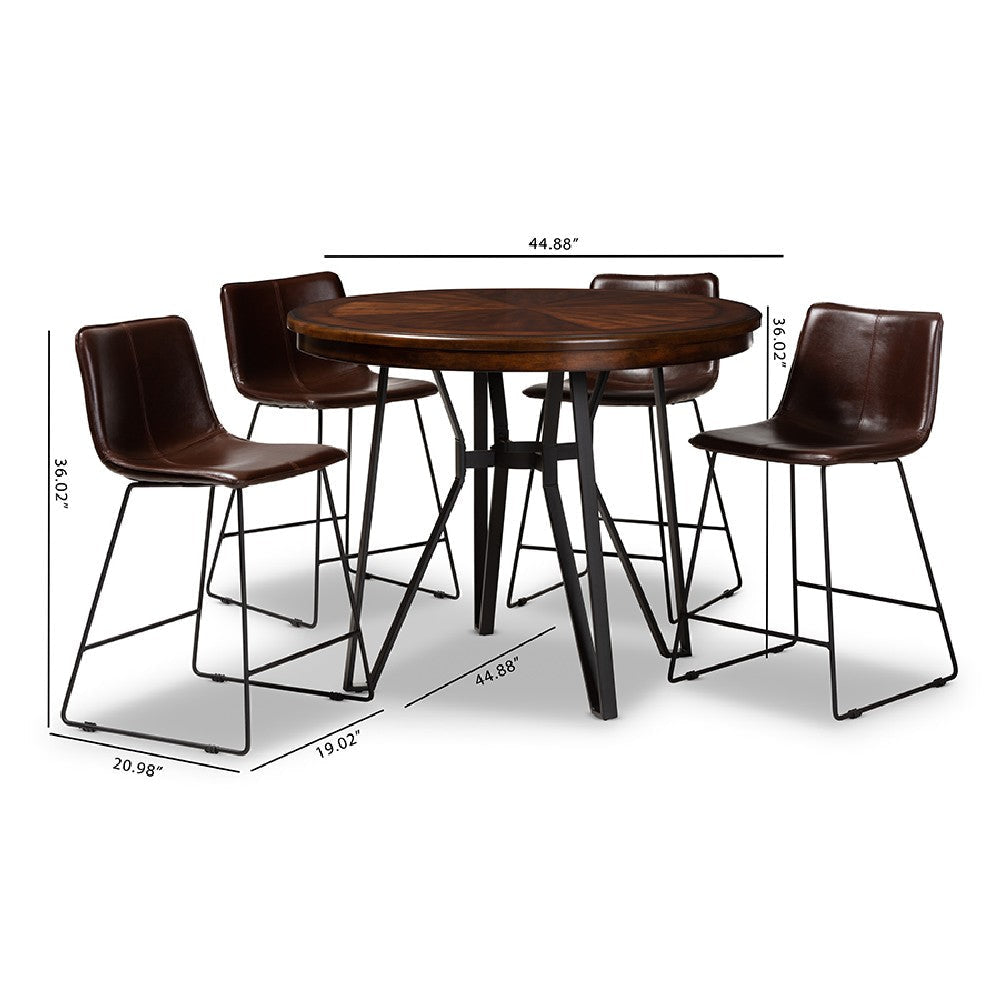 Baxton Studio Carvell Rustic and Industrial Dark Brown Faux Leather Upholstered 5-Piece Pub Set