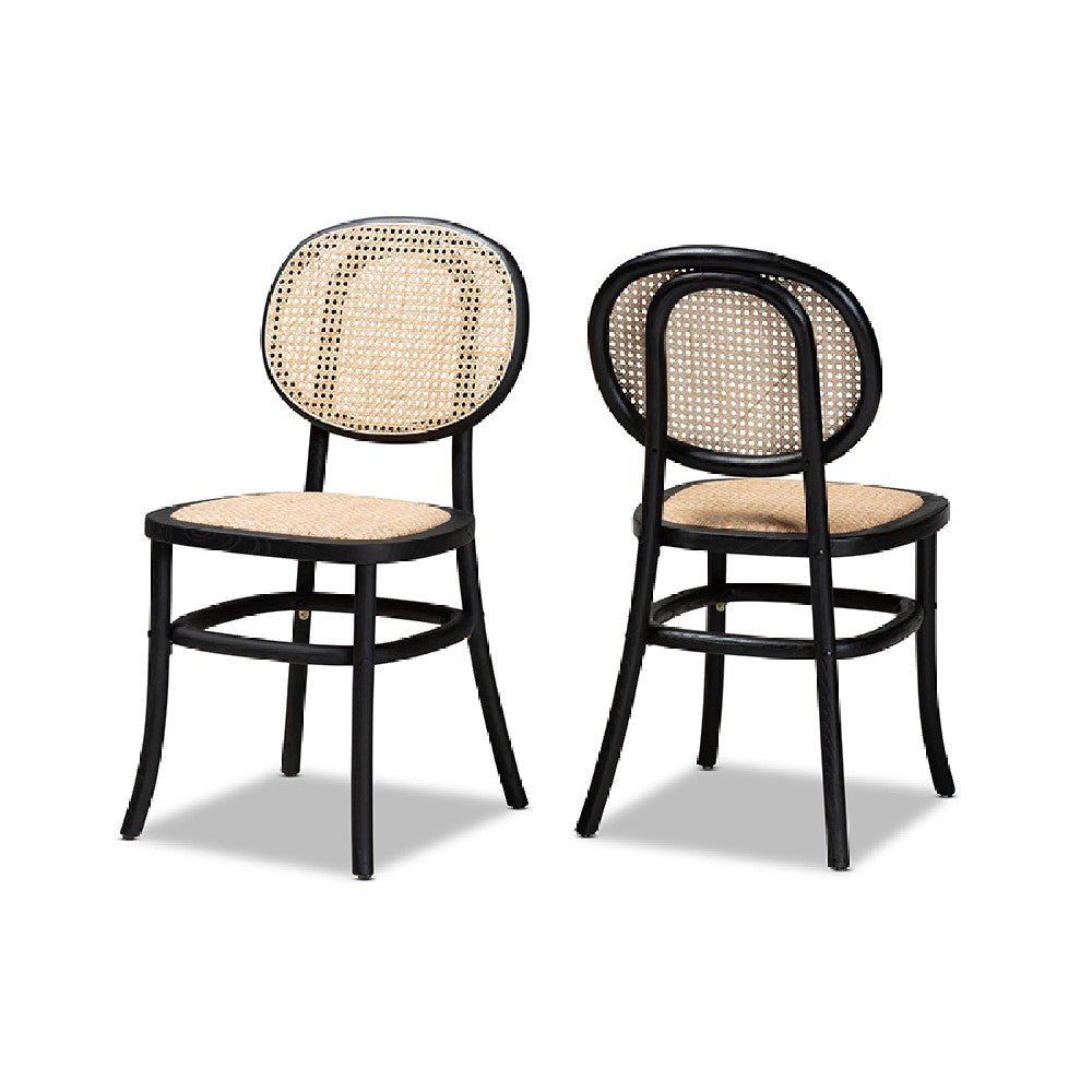 Baxton Studio Garold Mid-Century Modern Brown Woven Rattan and Black Wood 2-Piece Cane Dining Chair Set WHI-C19-Black-Beechwood/Rattan-DC