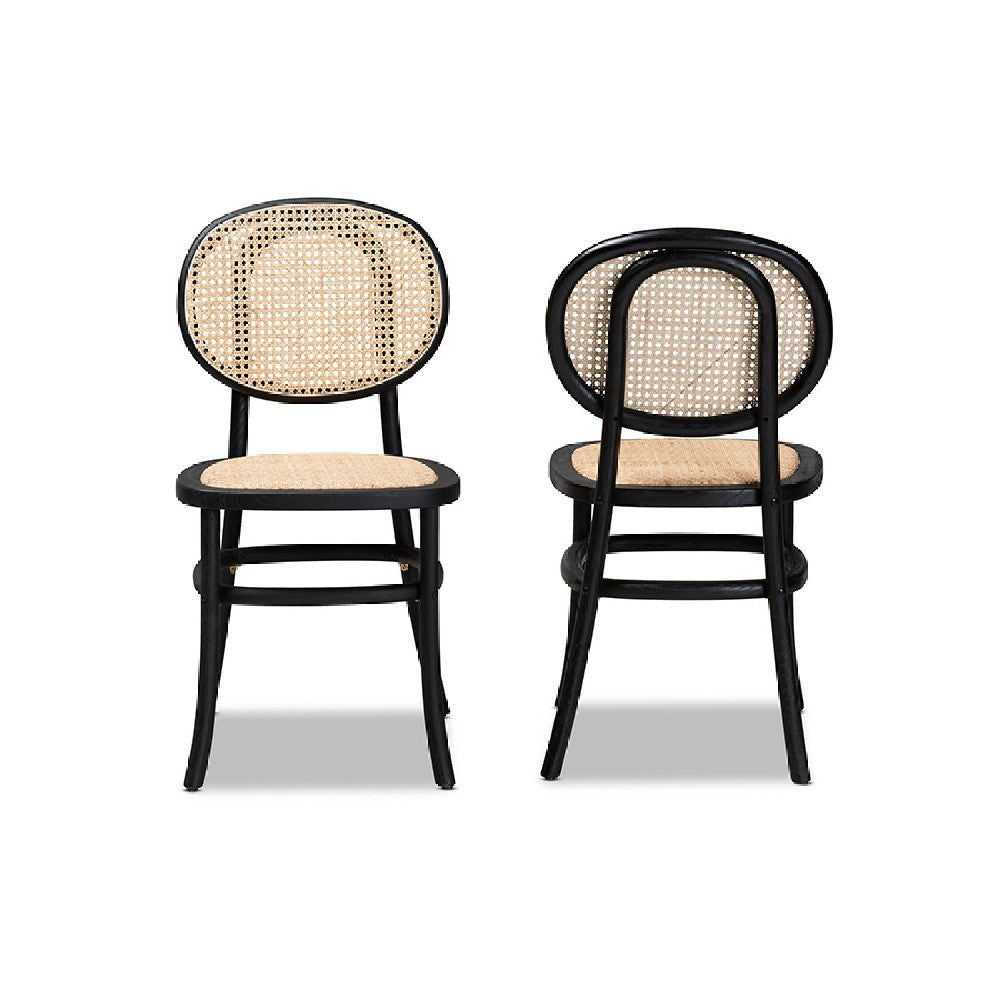 Baxton Studio Garold Mid-Century Modern Brown Woven Rattan and Black Wood 2-Piece Cane Dining Chair Set WHI-C19-Black-Beechwood/Rattan-DC