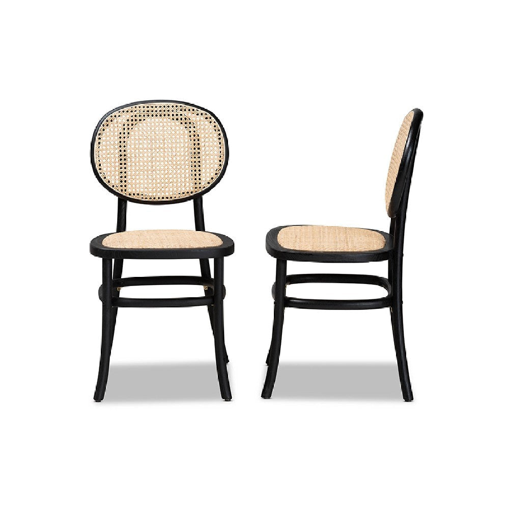 Baxton Studio Garold Mid-Century Modern Brown Woven Rattan and Black Wood 2-Piece Cane Dining Chair Set WHI-C19-Black-Beechwood/Rattan-DC
