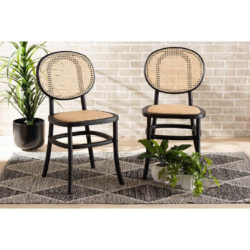 Baxton Studio Garold Mid-Century Modern Brown Woven Rattan and Black Wood 2-Piece Cane Dining Chair Set WHI-C19-Black-Beechwood/Rattan-DC
