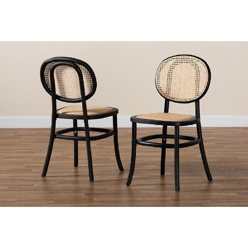 Baxton Studio Garold Mid-Century Modern Brown Woven Rattan and Black Wood 2-Piece Cane Dining Chair Set