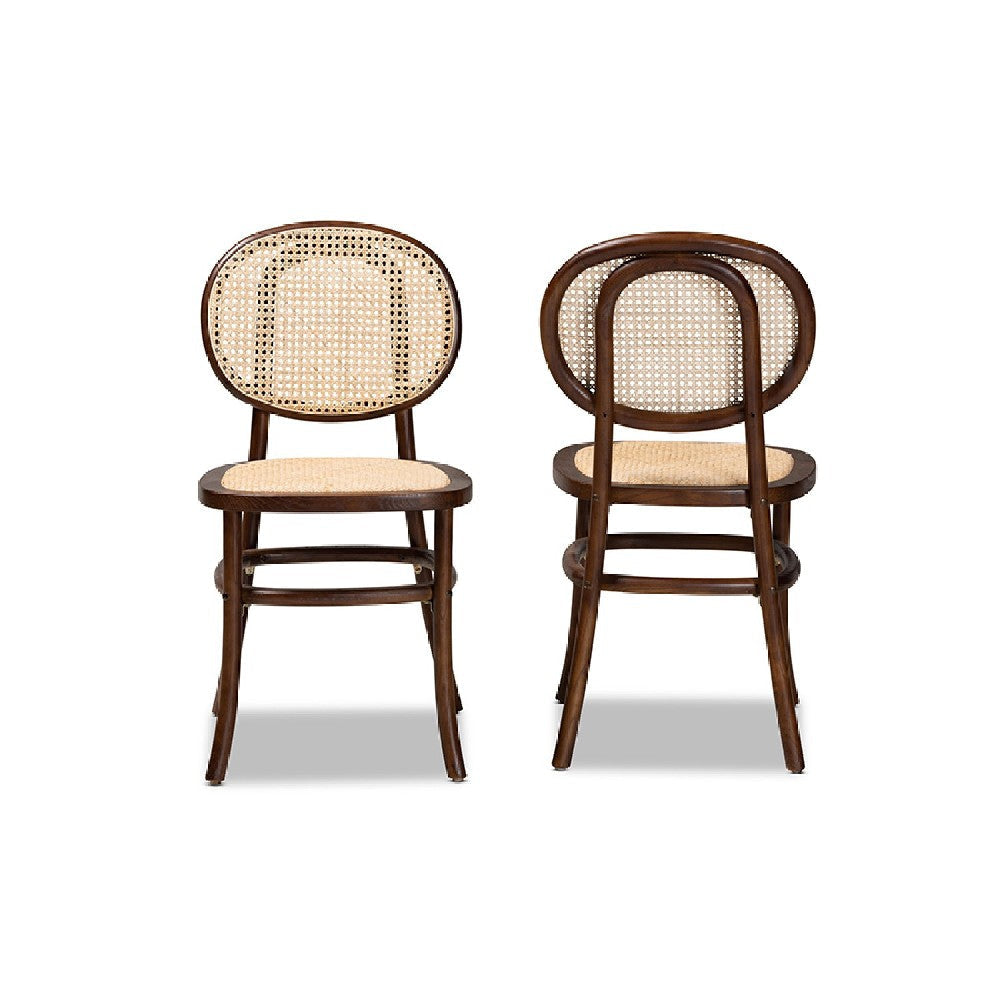 Baxton Studio Garold Mid-Century Modern Brown Woven Rattan and Walnut Brown Wood 2-Piece Cane Dining Chair Set