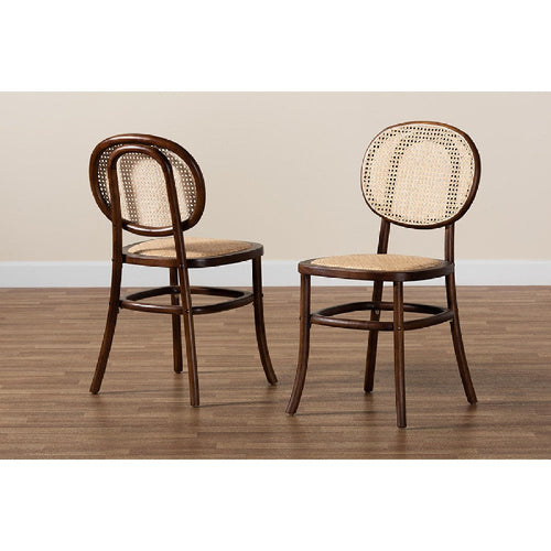 Baxton Studio Garold Mid-Century Modern Brown Woven Rattan and Walnut Brown Wood 2-Piece Cane Dining Chair Set