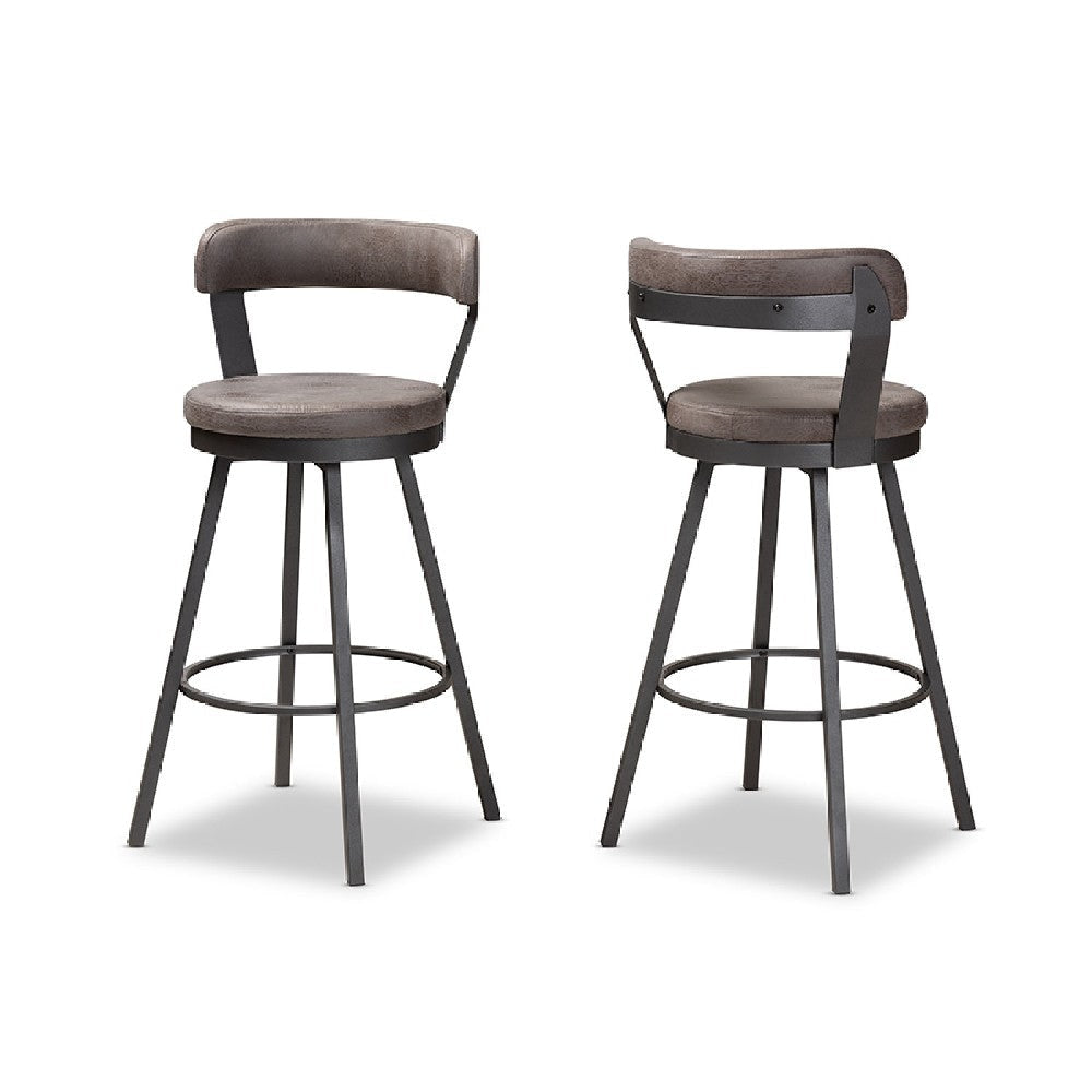 Baxton Studio Arcene Rustic and Industrial Antique Grey Fabric 2-Piece Swivel Bar Stool Set WHI-CA1802-Grey-BS