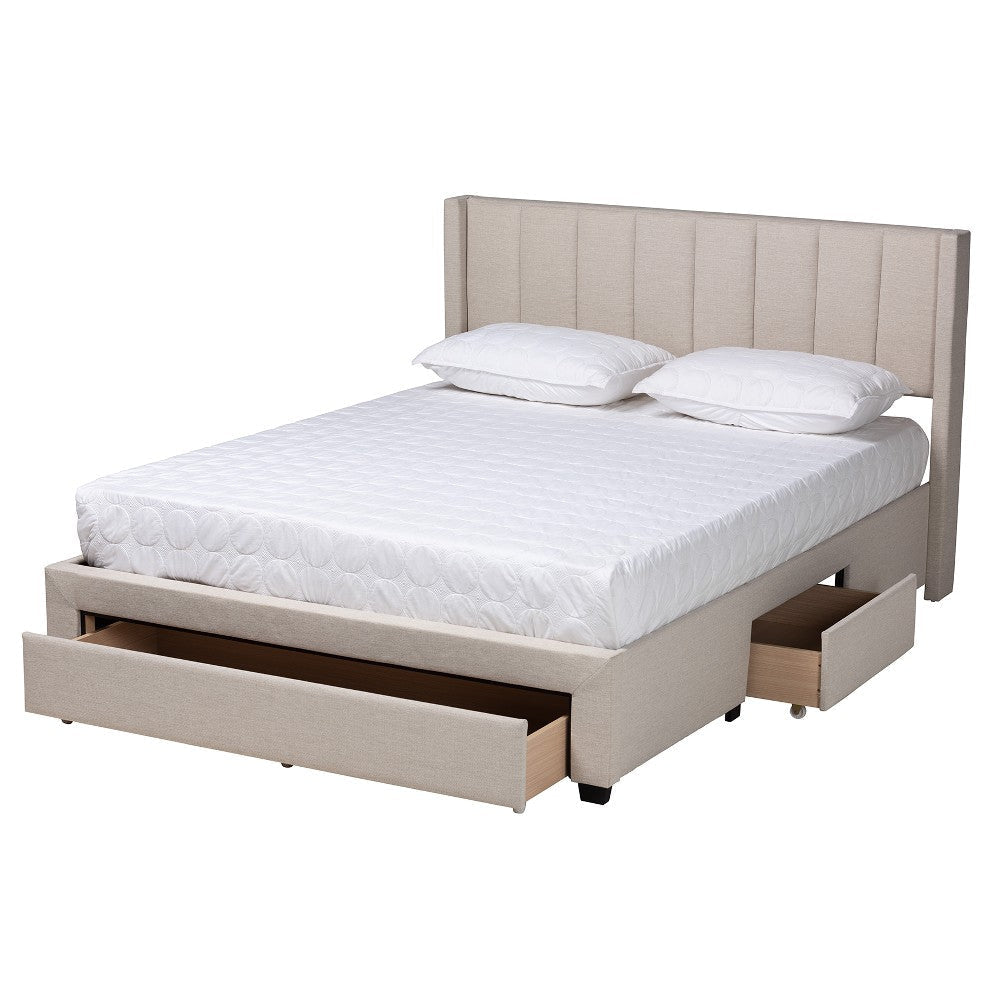 Baxton Studio Coronado Mid-Century Modern Transitional Beige Fabric Full Size 3-Drawer Storage Platform Bed