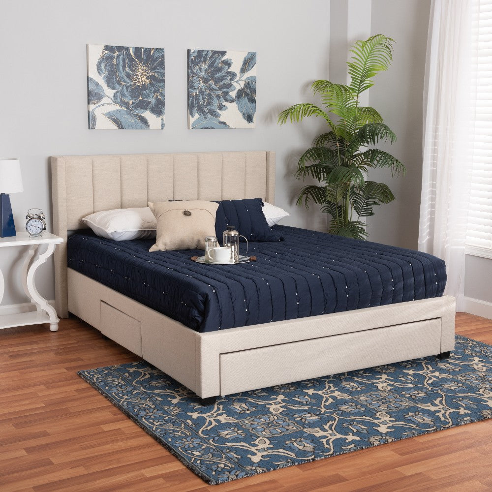 Baxton Studio Coronado Mid-Century Modern Transitional Beige Fabric Full Size 3-Drawer Storage Platform Bed