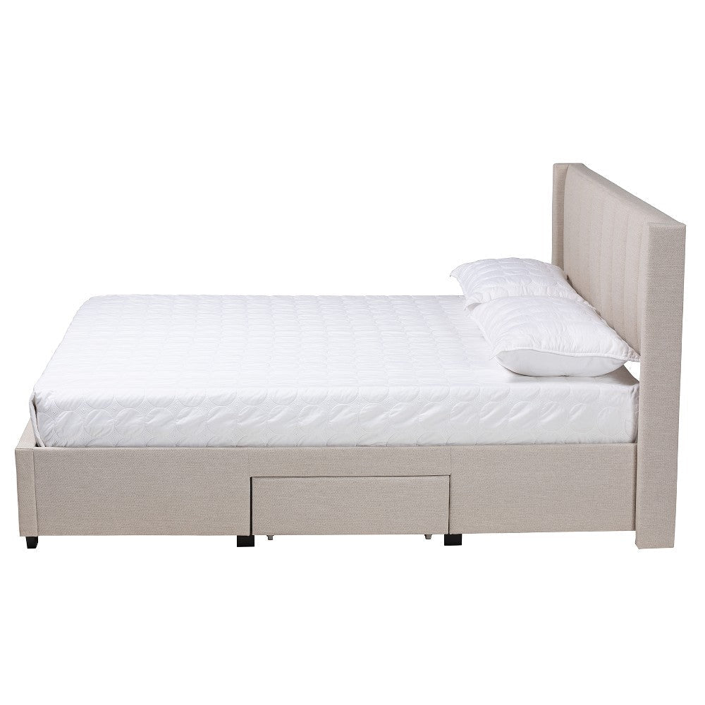 Baxton Studio Coronado Mid-Century Modern Transitional Beige Fabric Full Size 3-Drawer Storage Platform Bed