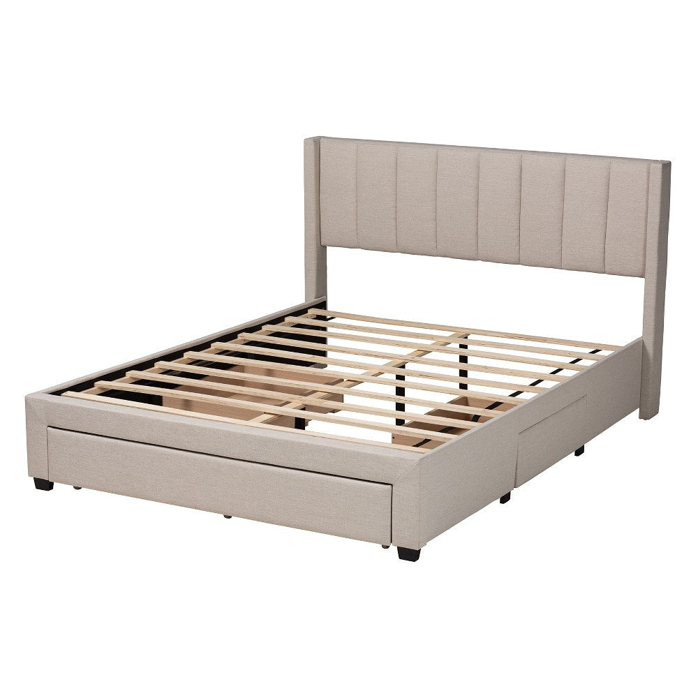 Baxton Studio Coronado Mid-Century Modern Transitional Beige Fabric Full Size 3-Drawer Storage Platform Bed