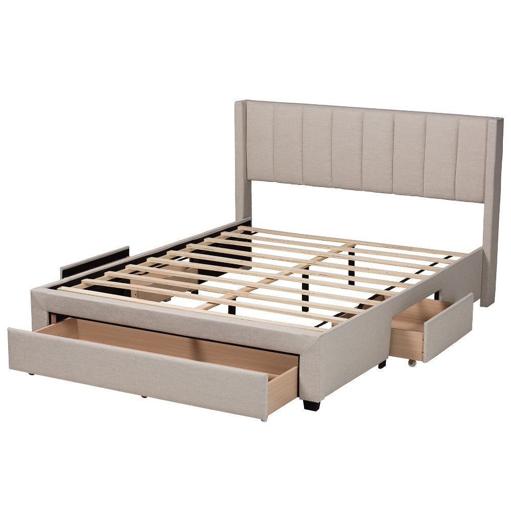 Baxton Studio Coronado Mid-Century Modern Transitional Beige Fabric Full Size 3-Drawer Storage Platform Bed