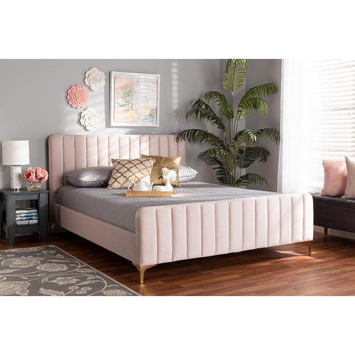 Baxton Studio Nami Modern Contemporary Glam and Luxe Light Pink Velvet Fabric Upholstered and Gold Finished Full Size Platform Bed