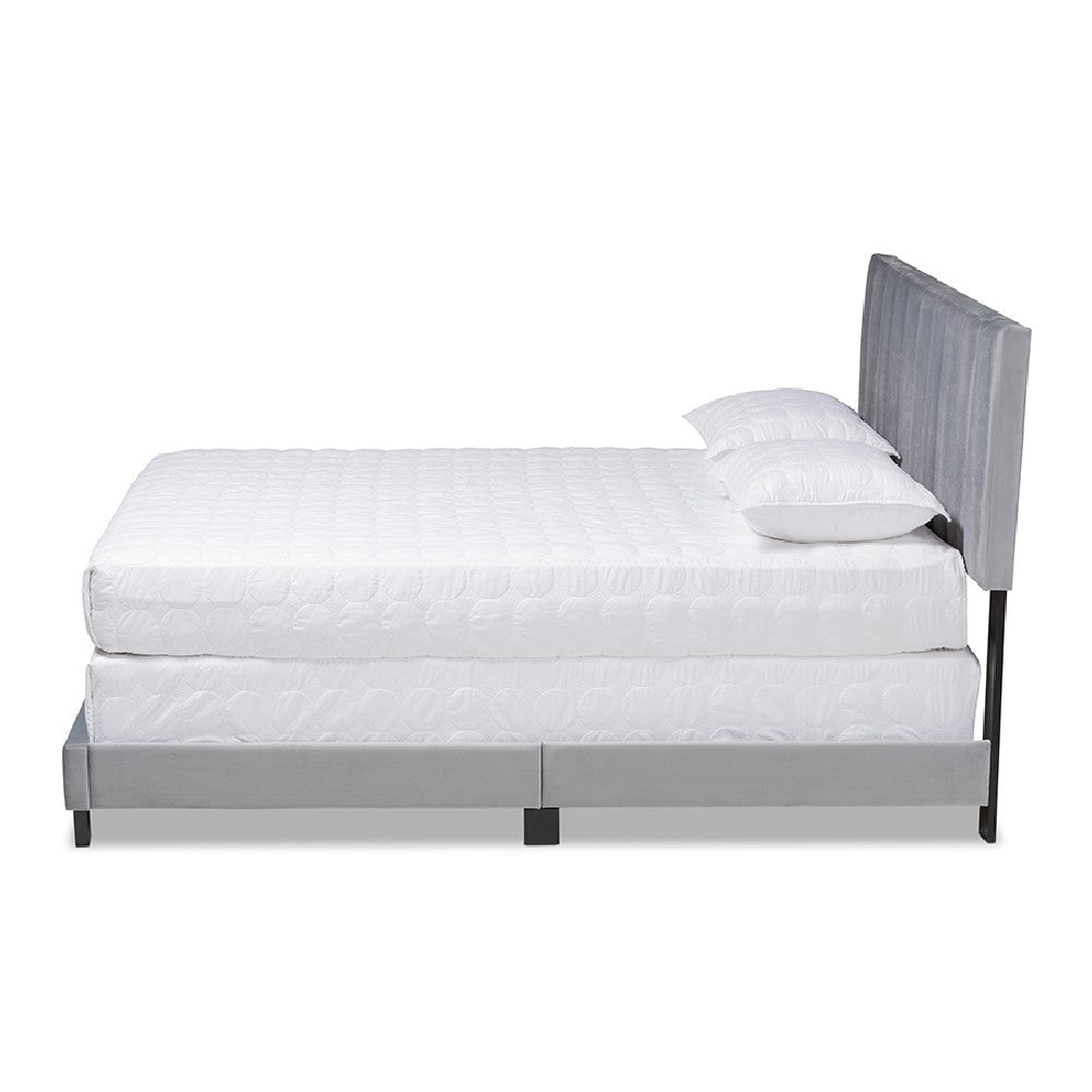Baxton Studio Clare Glam and Luxe Grey Velvet Fabric Upholstered Full Size Panel Bed with Channel Tufted Headboard