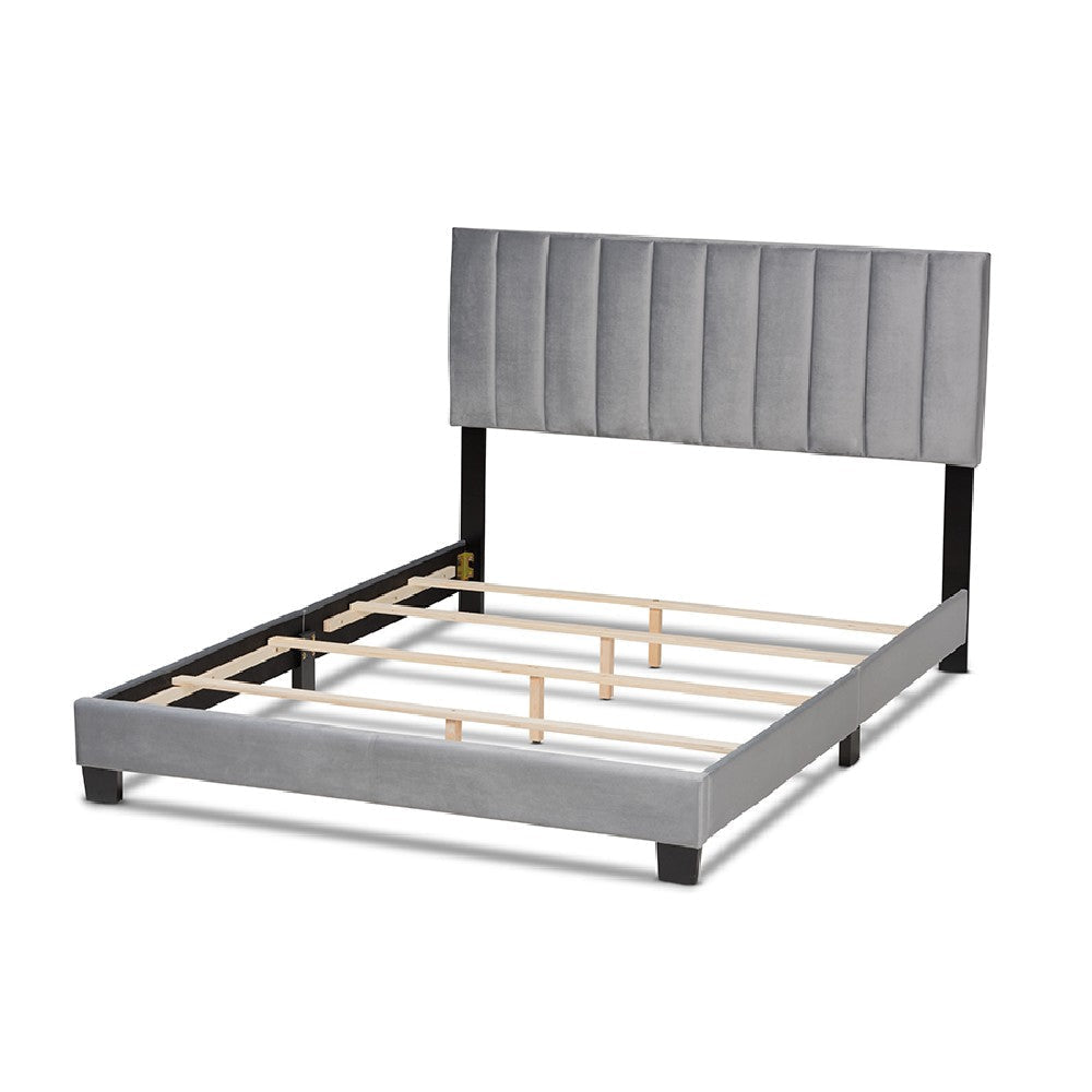 Baxton Studio Clare Glam and Luxe Grey Velvet Fabric Upholstered Full Size Panel Bed with Channel Tufted Headboard