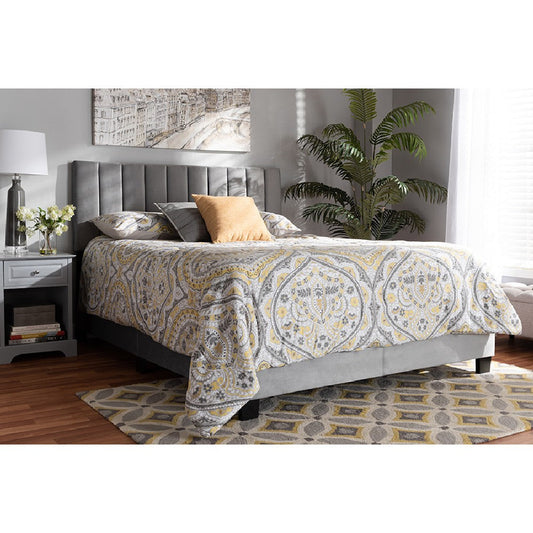 Baxton Studio Clare Glam and Luxe Grey Velvet Fabric Upholstered Full Size Panel Bed with Channel Tufted Headboard