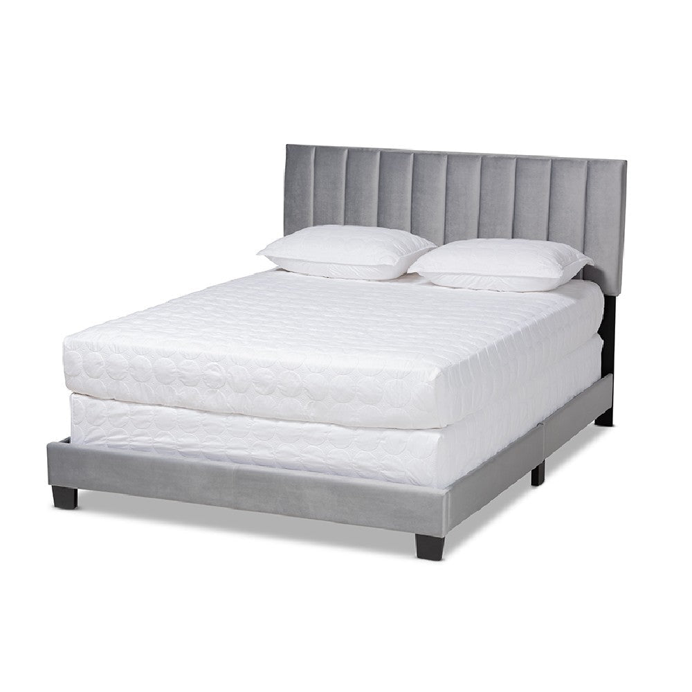 Baxton Studio Clare Glam and Luxe Grey Velvet Fabric Upholstered Queen Size Panel Bed with Channel Tufted Headboard