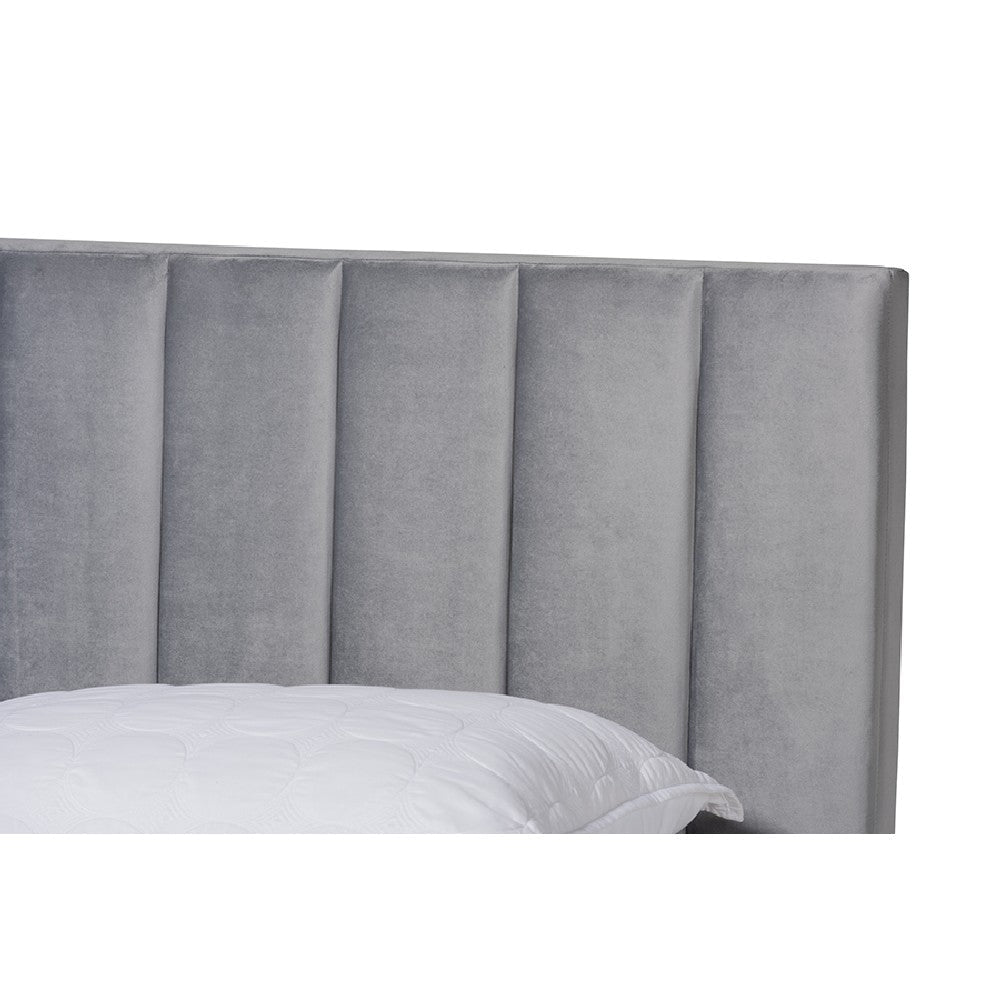 Baxton Studio Clare Glam and Luxe Grey Velvet Fabric Upholstered Queen Size Panel Bed with Channel Tufted Headboard