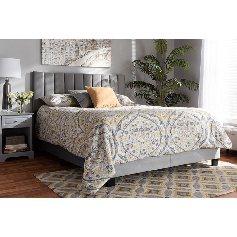 Baxton Studio Clare Glam and Luxe Grey Velvet Fabric Upholstered Queen Size Panel Bed with Channel Tufted Headboard