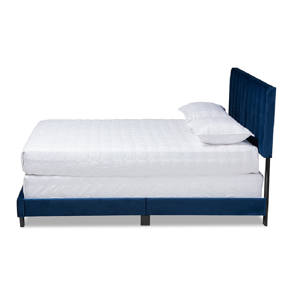 Baxton Studio Clare Glam and Luxe Navy Blue Velvet Fabric Upholstered Queen Size Panel Bed with Channel Tufted Headboard