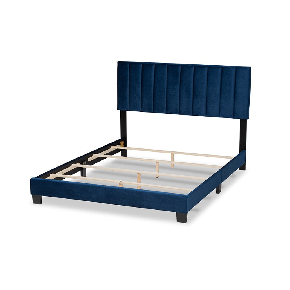Baxton Studio Clare Glam and Luxe Navy Blue Velvet Fabric Upholstered Queen Size Panel Bed with Channel Tufted Headboard