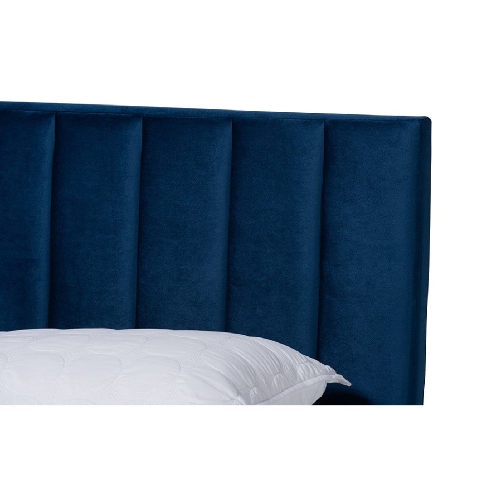 Baxton Studio Clare Glam and Luxe Navy Blue Velvet Fabric Upholstered Queen Size Panel Bed with Channel Tufted Headboard