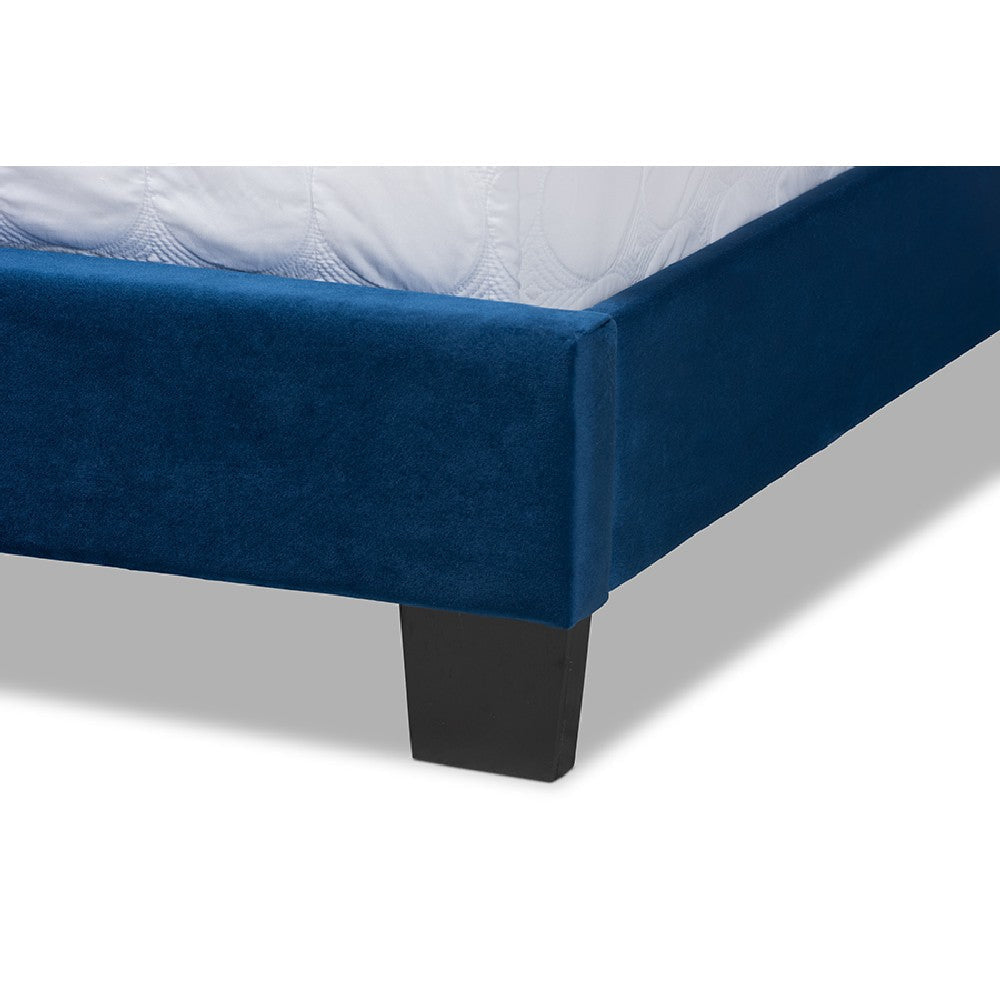 Baxton Studio Clare Glam and Luxe Navy Blue Velvet Fabric Upholstered Queen Size Panel Bed with Channel Tufted Headboard