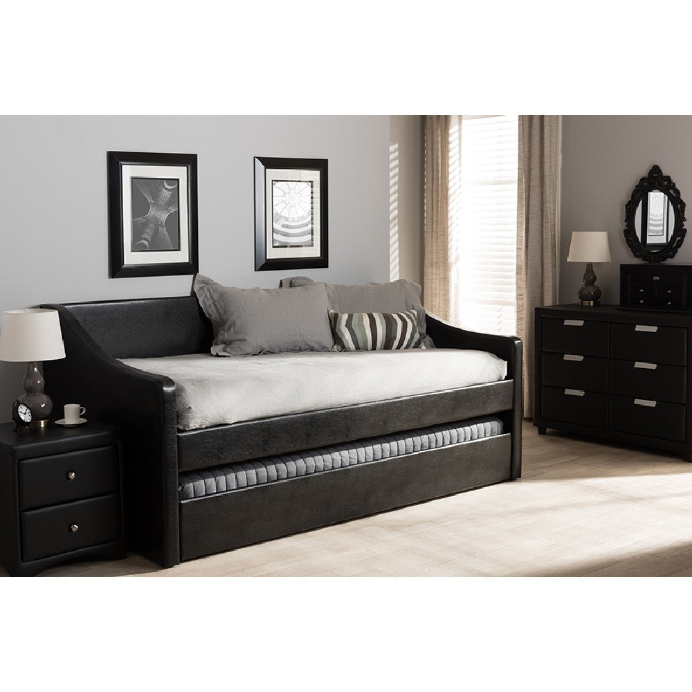 Baxton Studio Barnstorm Modern and Contemporary Black Faux Leather Upholstered Daybed with Guest Trundle Bed