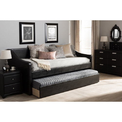 Baxton Studio Barnstorm Modern and Contemporary Black Faux Leather Upholstered Daybed with Guest Trundle Bed