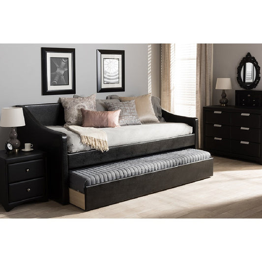 Baxton Studio Barnstorm Modern and Contemporary Black Faux Leather Upholstered Daybed with Guest Trundle Bed