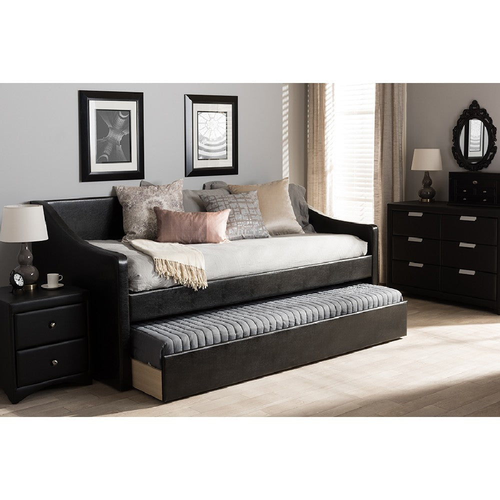 Baxton Studio Barnstorm Modern and Contemporary Black Faux Leather Upholstered Daybed with Guest Trundle Bed