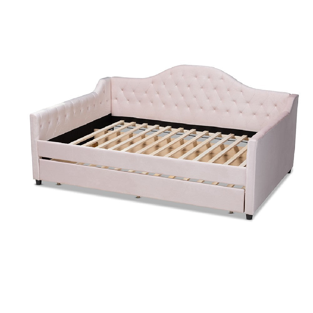 Baxton Studio Perry Modern and Contemporary Light Pink Velvet Fabric Upholstered and Button Tufted Full Size Daybed with Trundle
