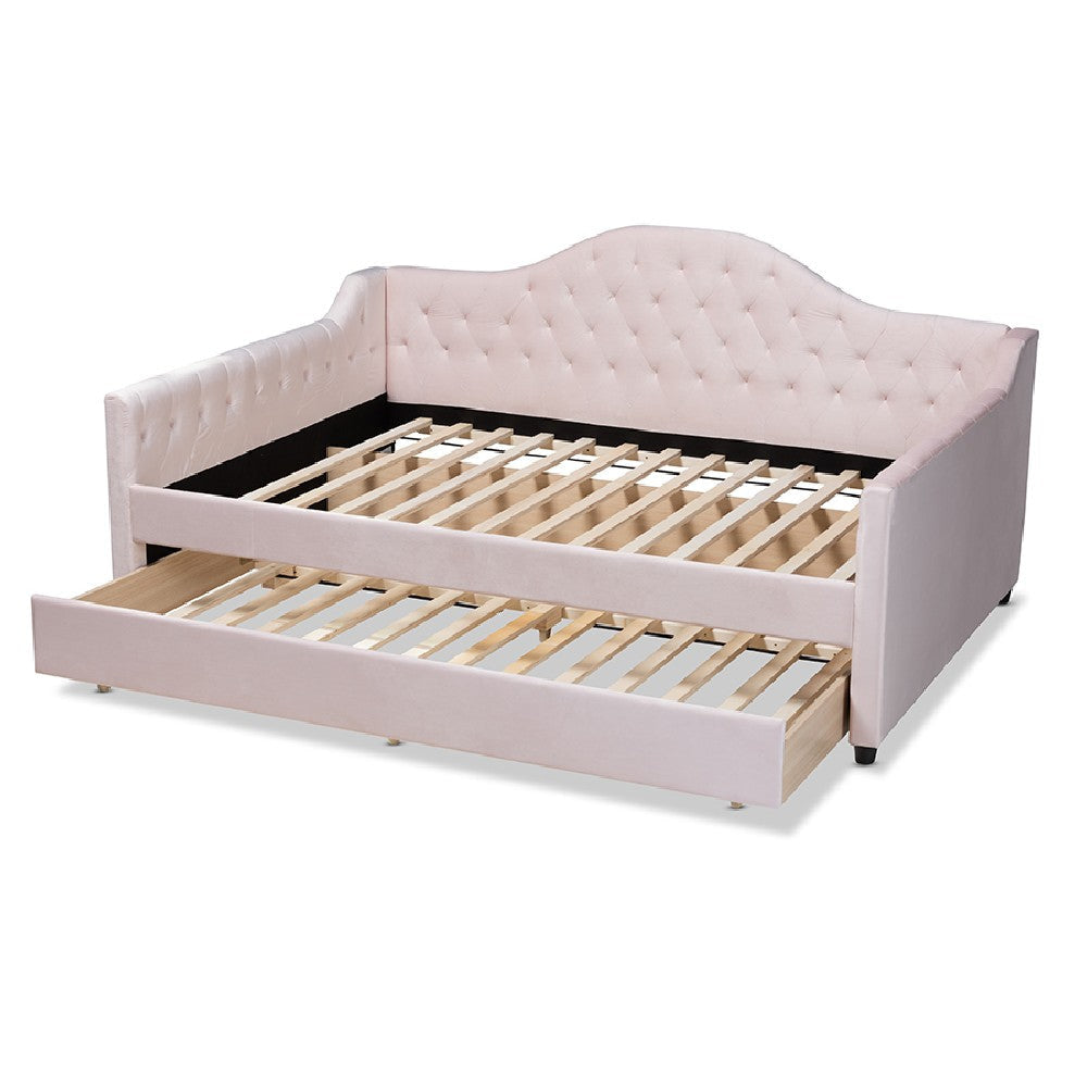 Baxton Studio Perry Modern and Contemporary Light Pink Velvet Fabric Upholstered and Button Tufted Full Size Daybed with Trundle