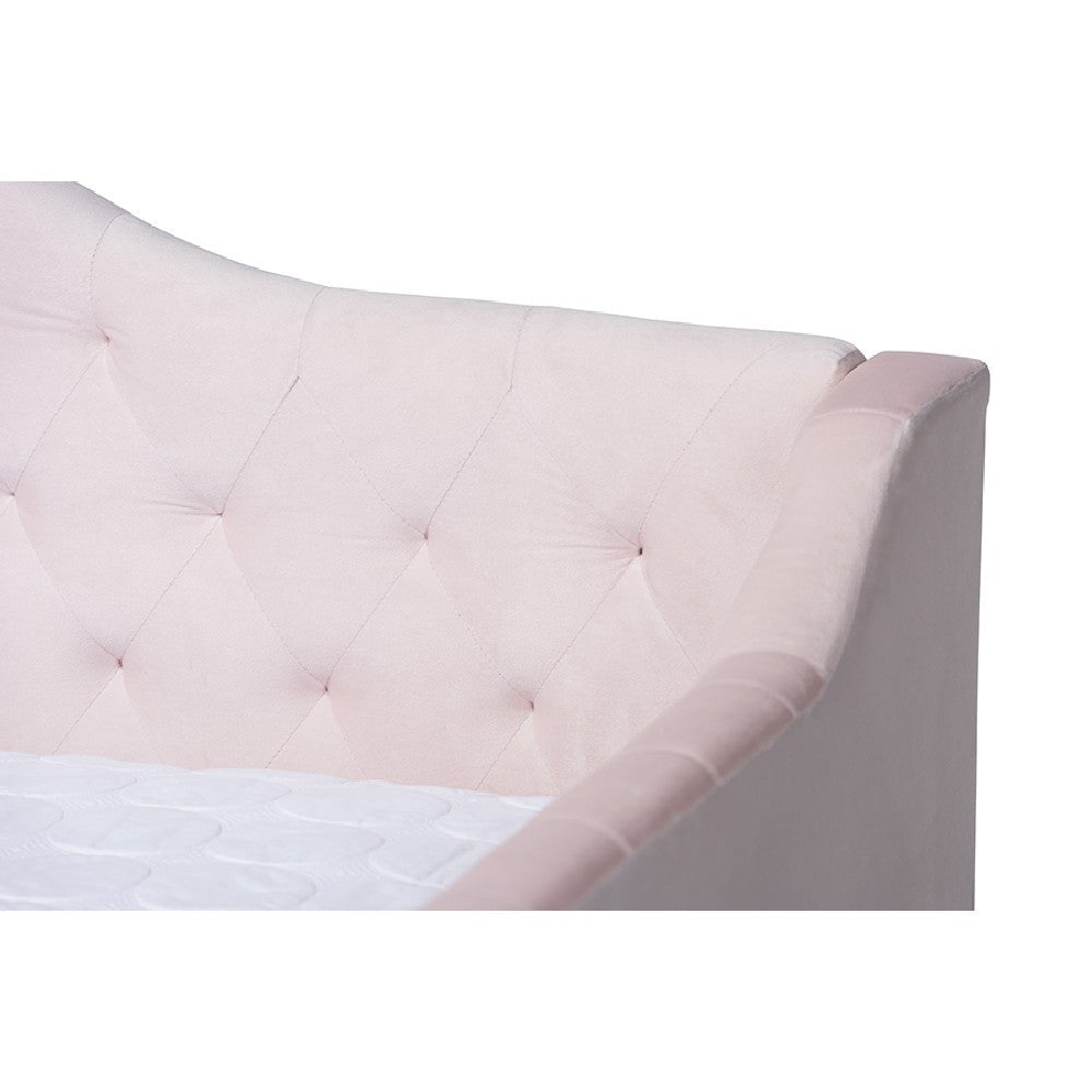 Baxton Studio Perry Modern and Contemporary Light Pink Velvet Fabric Upholstered and Button Tufted Full Size Daybed with Trundle