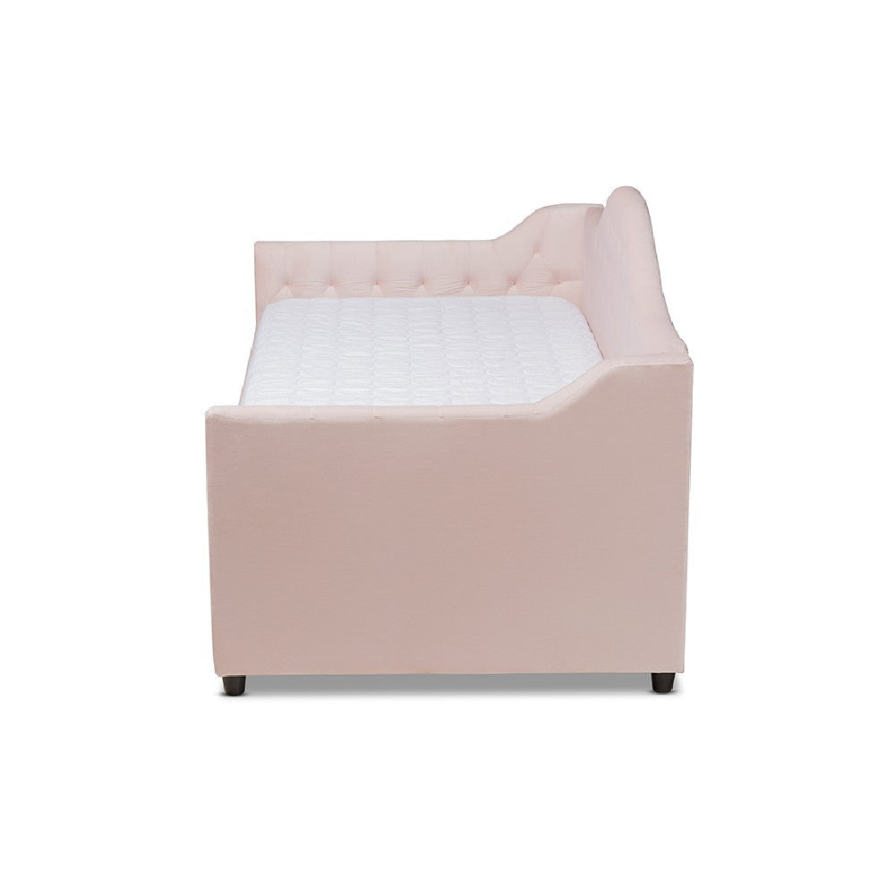 Baxton Studio Perry Modern and Contemporary Light Pink Velvet Fabric Upholstered and Button Tufted Twin Size Daybed with Trundle