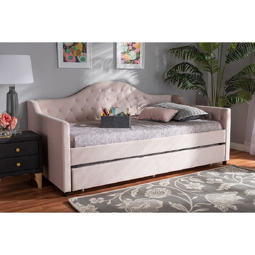 Baxton Studio Perry Modern and Contemporary Light Pink Velvet Fabric Upholstered and Button Tufted Twin Size Daybed with Trundle