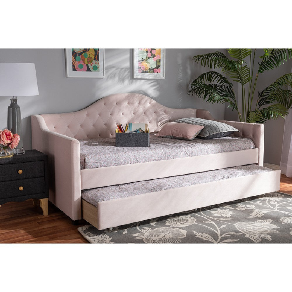 Baxton Studio Perry Modern and Contemporary Light Pink Velvet Fabric Upholstered and Button Tufted Twin Size Daybed with Trundle