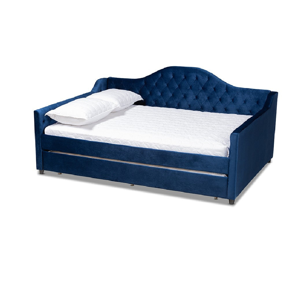Baxton Studio Perry Modern and Contemporary Royal Blue Velvet Fabric Upholstered and Button Tufted Full Size Daybed with Trundle