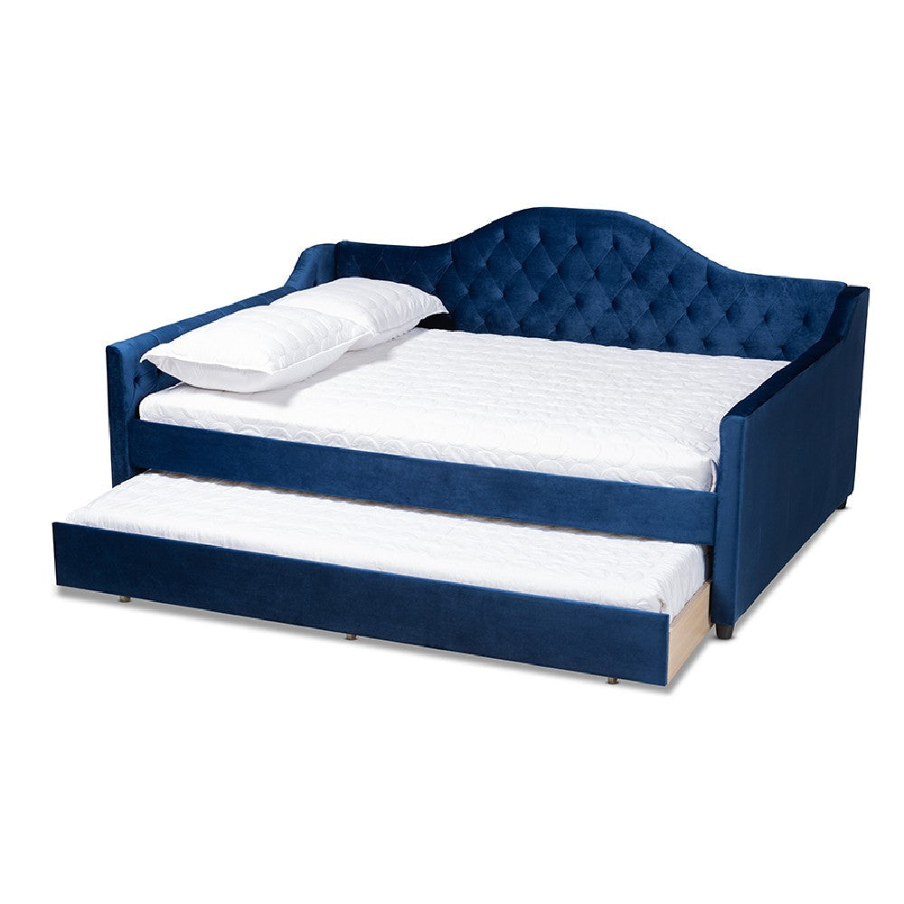 Baxton Studio Perry Modern and Contemporary Royal Blue Velvet Fabric Upholstered and Button Tufted Full Size Daybed with Trundle