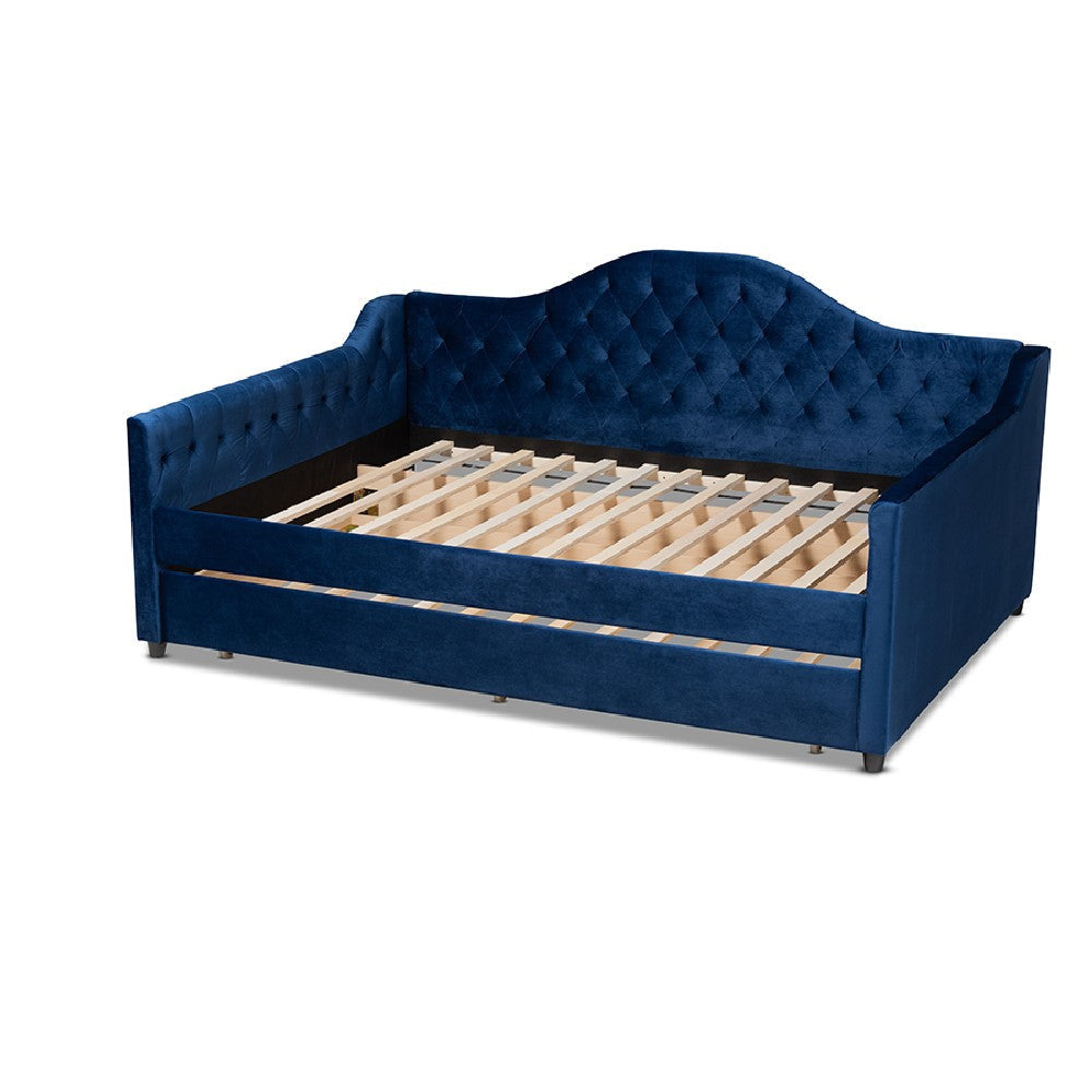 Baxton Studio Perry Modern and Contemporary Royal Blue Velvet Fabric Upholstered and Button Tufted Full Size Daybed with Trundle