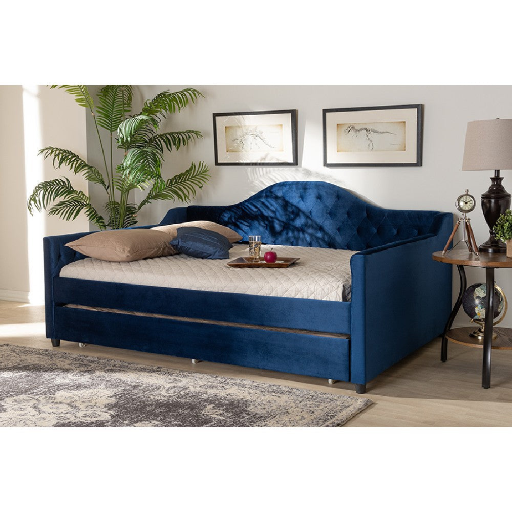 Baxton Studio Perry Modern and Contemporary Royal Blue Velvet Fabric Upholstered and Button Tufted Full Size Daybed with Trundle