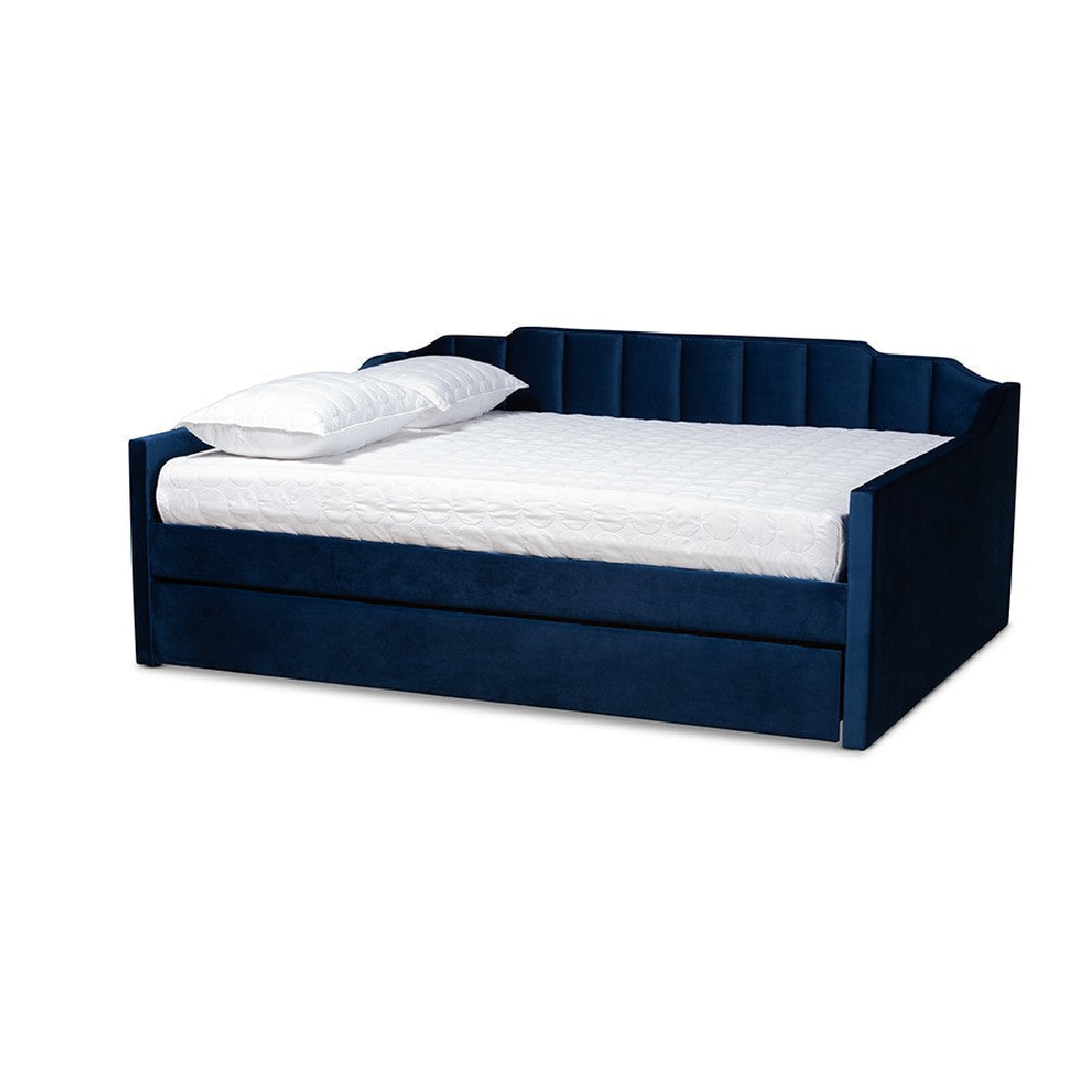 Baxton Studio Lennon Modern and Contemporary Navy Blue Velvet Fabric Upholstered Full Size Daybed with Trundle