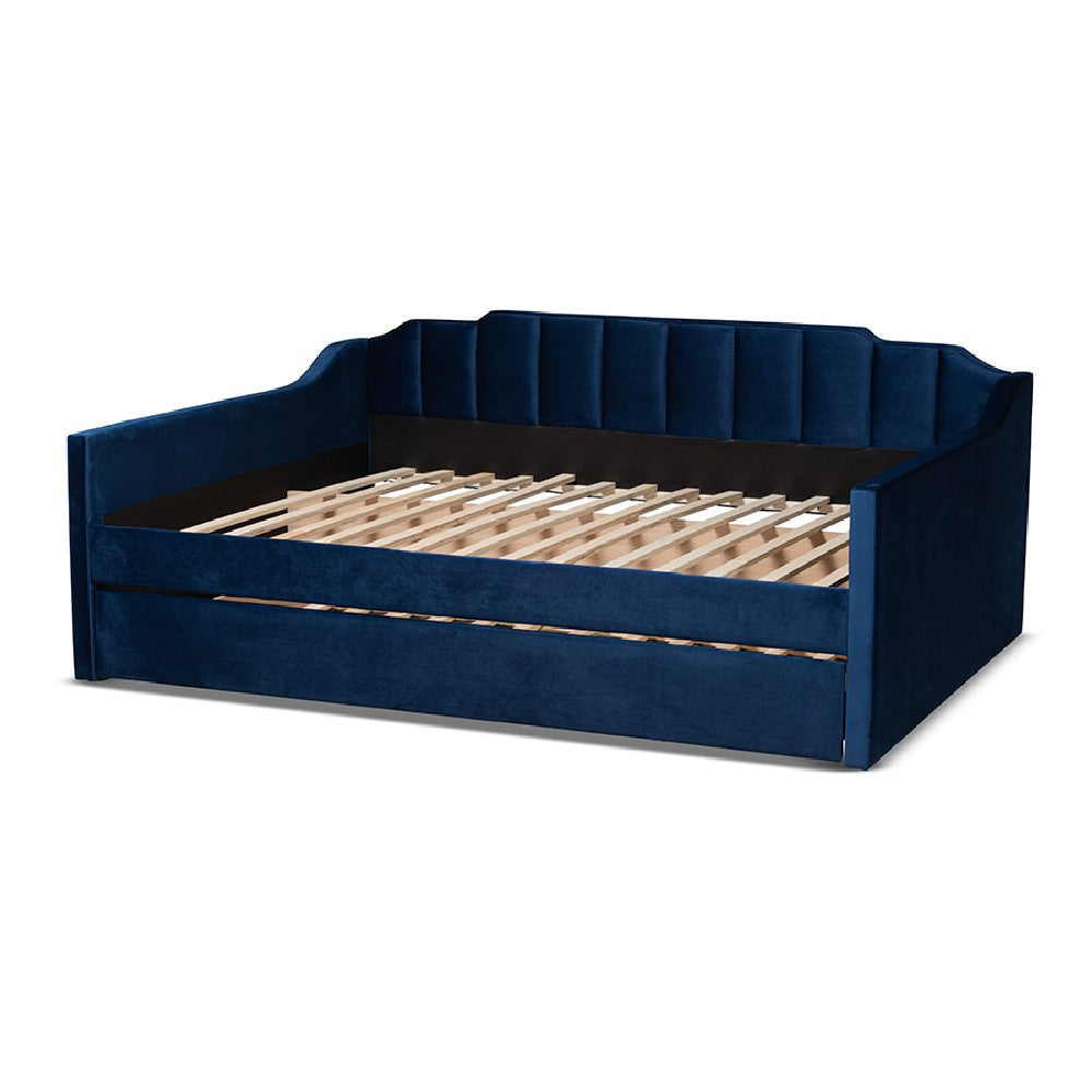 Baxton Studio Lennon Modern and Contemporary Navy Blue Velvet Fabric Upholstered Full Size Daybed with Trundle