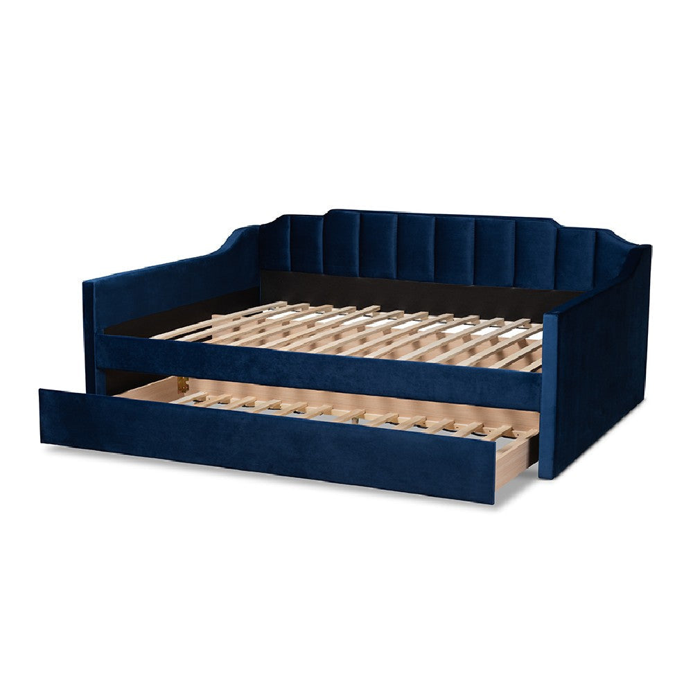 Baxton Studio Lennon Modern and Contemporary Navy Blue Velvet Fabric Upholstered Full Size Daybed with Trundle
