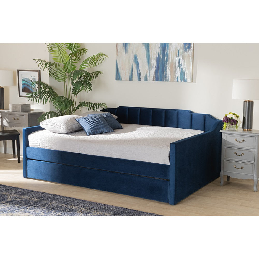 Baxton Studio Lennon Modern and Contemporary Navy Blue Velvet Fabric Upholstered Full Size Daybed with Trundle