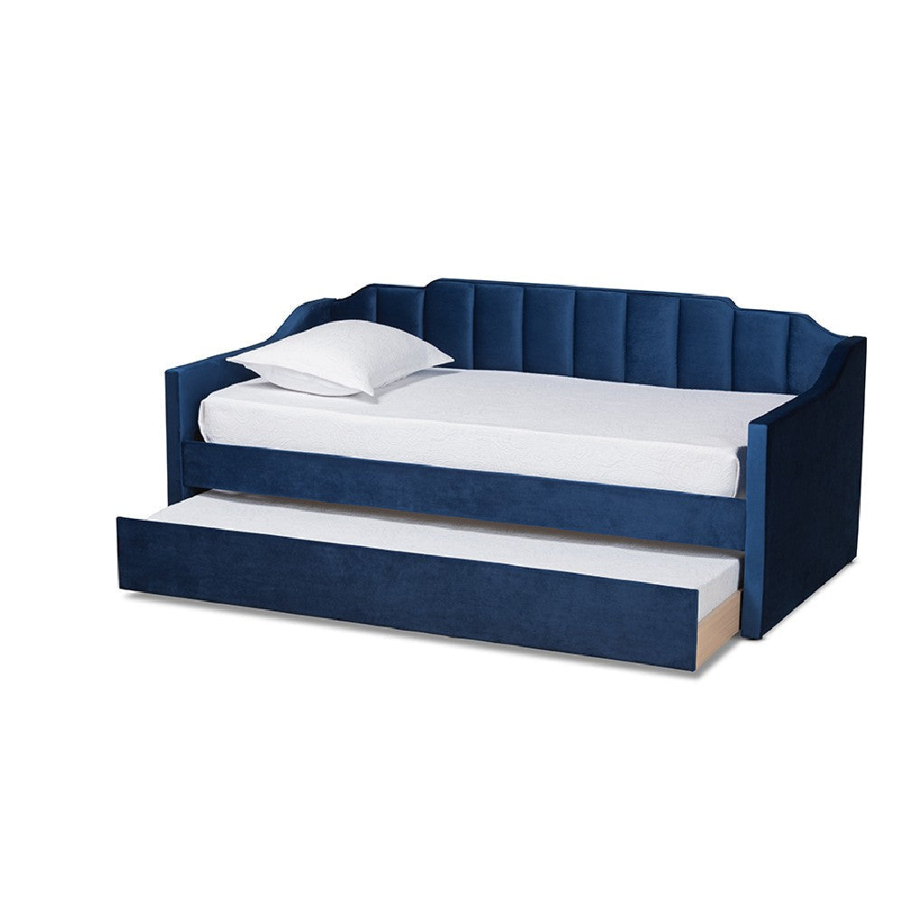 Baxton Studio Lennon Modern and Contemporary Navy Blue Velvet Fabric Upholstered Twin Size Daybed with Trundle