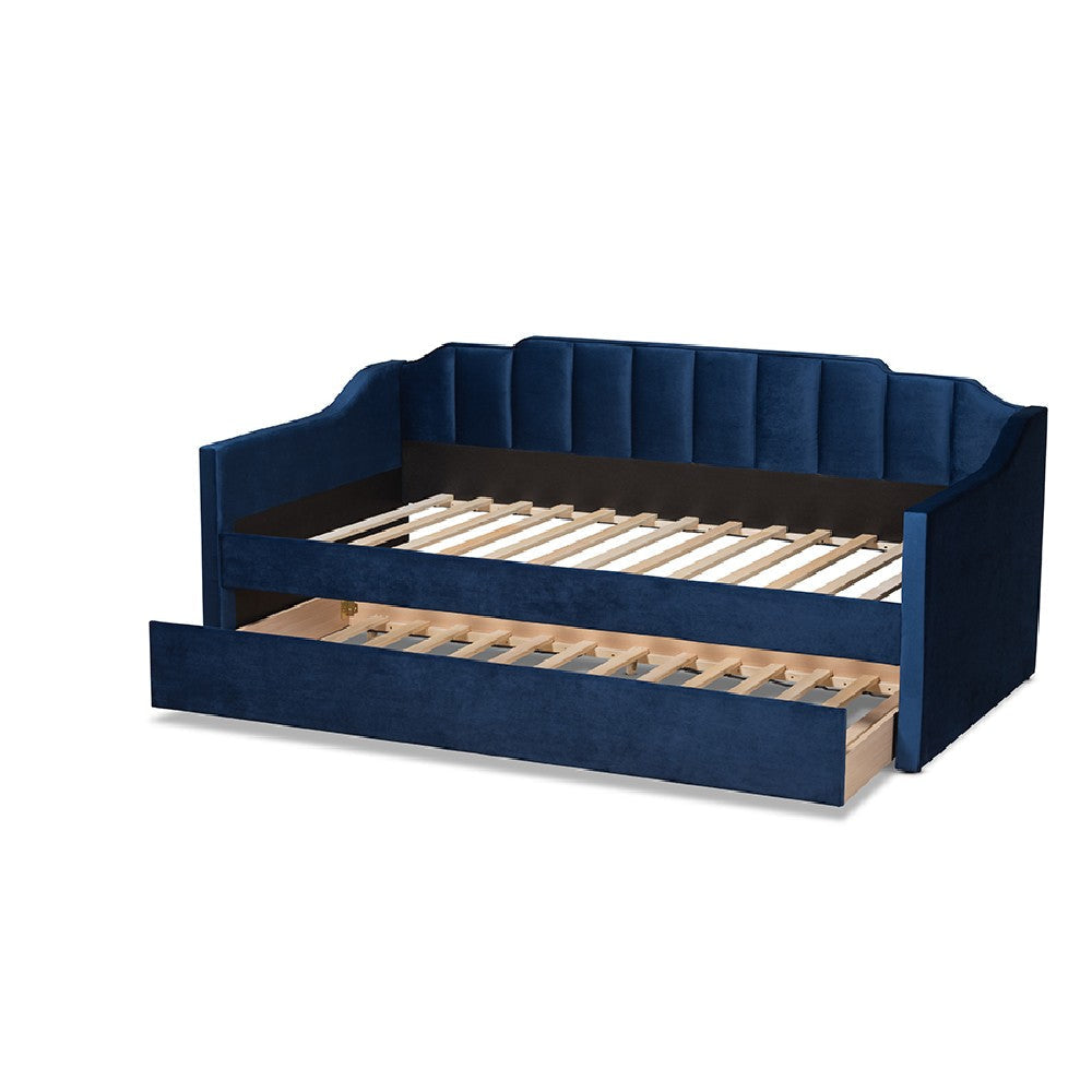Baxton Studio Lennon Modern and Contemporary Navy Blue Velvet Fabric Upholstered Twin Size Daybed with Trundle