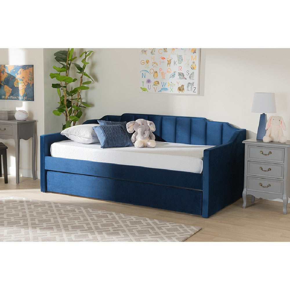 Baxton Studio Lennon Modern and Contemporary Navy Blue Velvet Fabric Upholstered Twin Size Daybed with Trundle