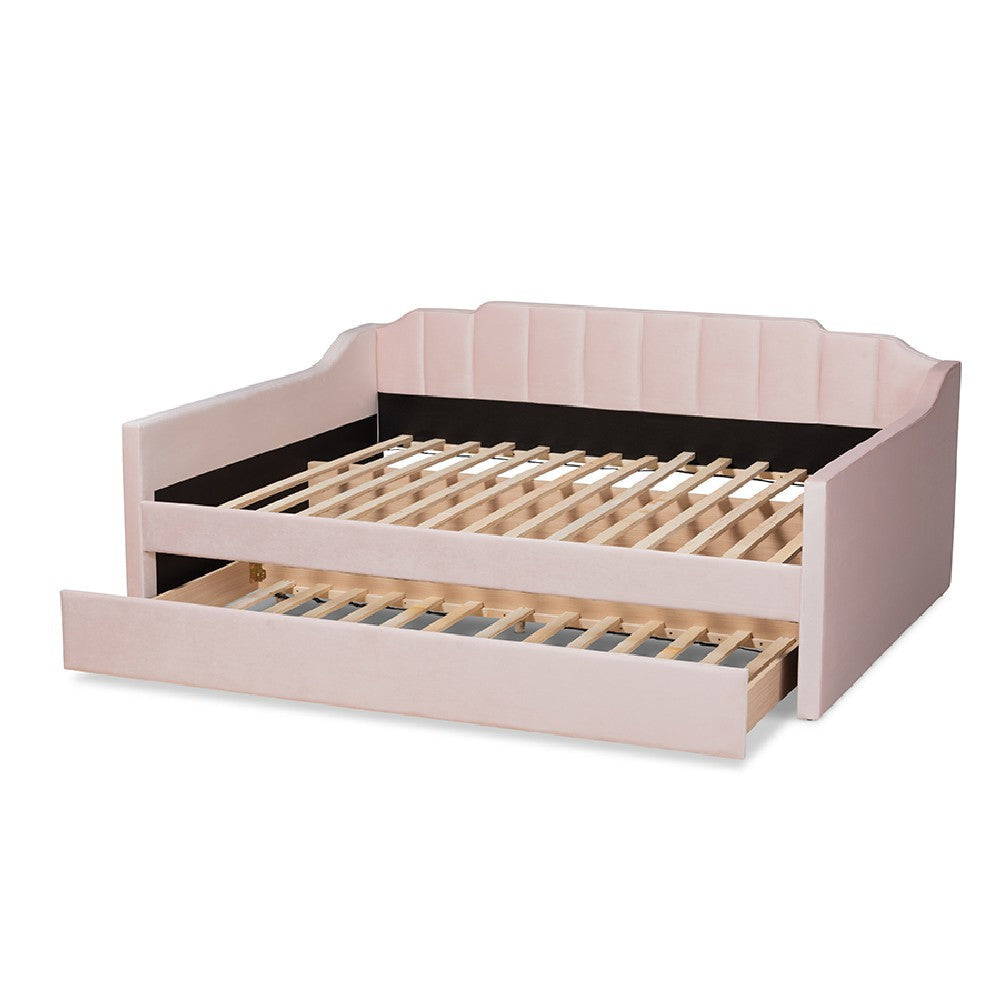 Baxton Studio Lennon Modern and Contemporary Pink Velvet Fabric Upholstered Full Size Daybed with Trundle