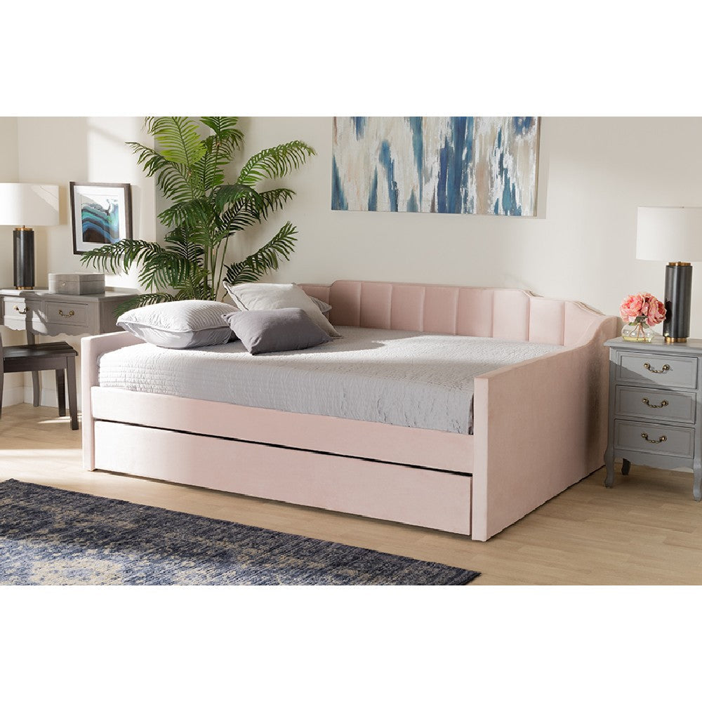 Baxton Studio Lennon Modern and Contemporary Pink Velvet Fabric Upholstered Full Size Daybed with Trundle
